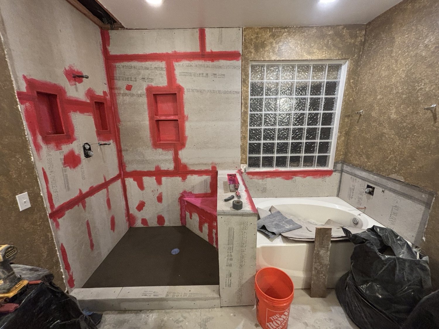 Bathroom waterproofing in progress
